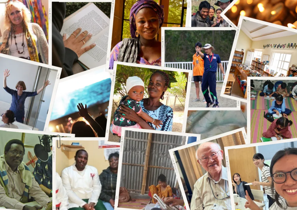 Un collage de varias fotografías que muestran a personas en diferentes entornos y actividades, incluyendo lectura, abrazos, sentados en el suelo, levantando manos, participando en deportes y hablando en un micrófono.