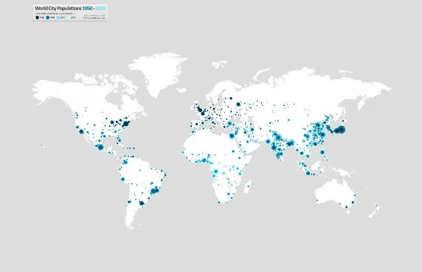 Mapa del mundo - Evolución de la población de las grandes ciudades - www.luminocity3d.org/WorldCity